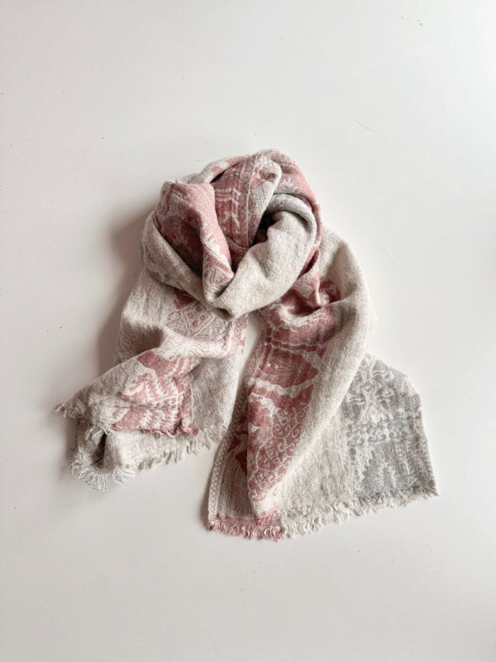 Aritzia WILFRED Grey Pink Tapestry Weave Wool Blend Fringed Rectangle Scarf